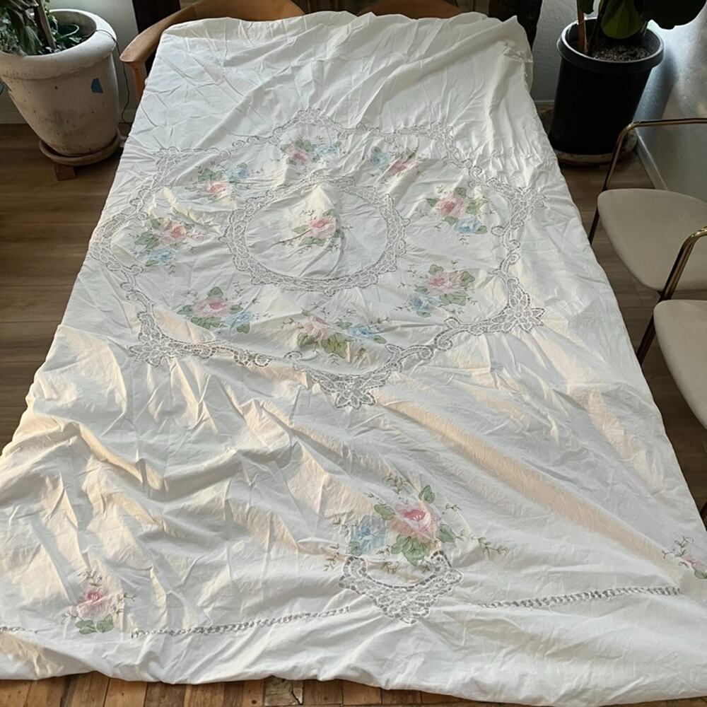 Vintage White Pastel Floral Full Duvet Cover Battenburg Lace Cutouts 100% Cotton